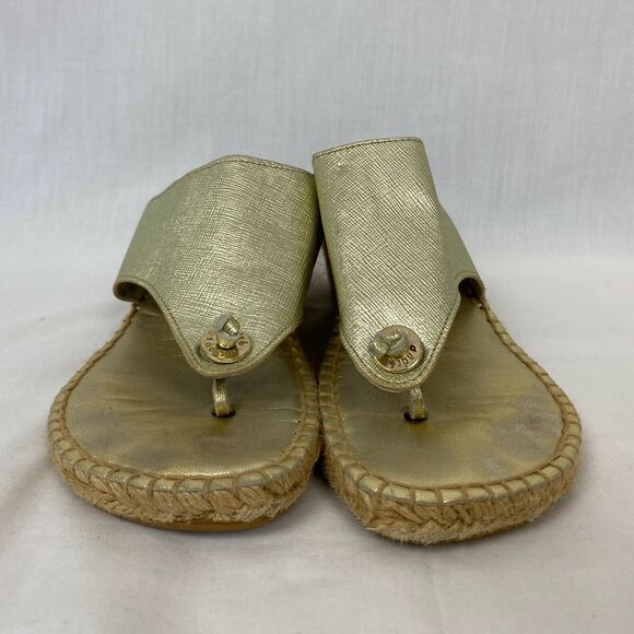 Andre Assous Sandals 40 / 9.5 Womens Gold Leather Thong Espadrille Wedge Spain - Picture 3 of 12